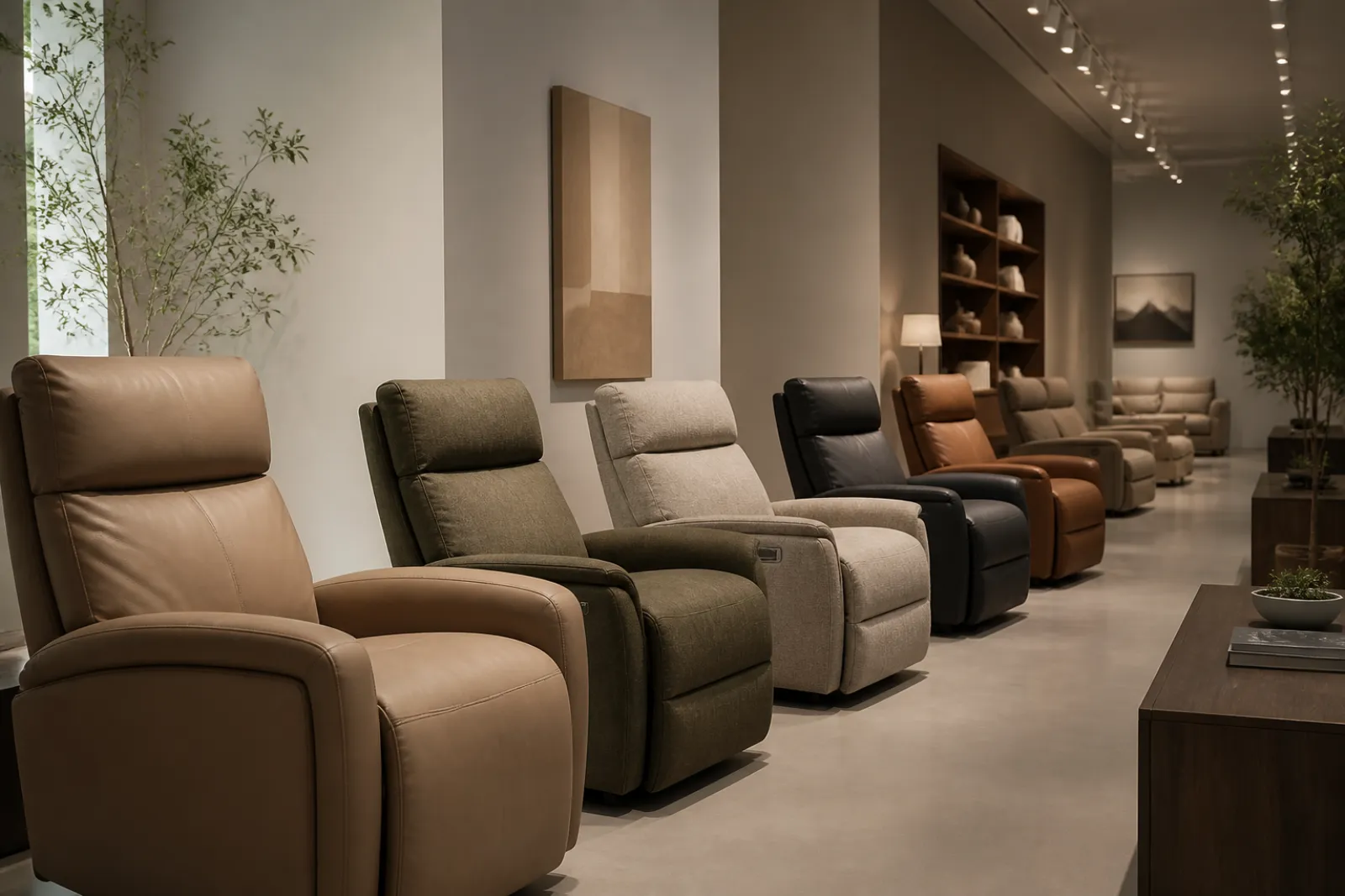 Recliner showroom floor with several oversized recliner models from different brands