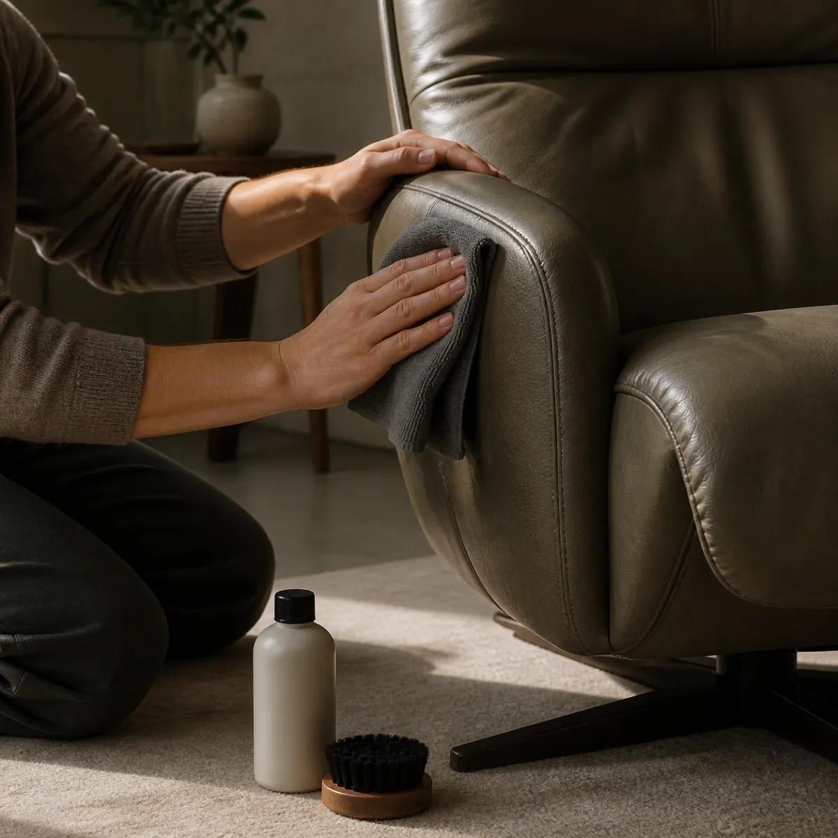 Cleaning and conditioning a leather recliner with a microfiber cloth