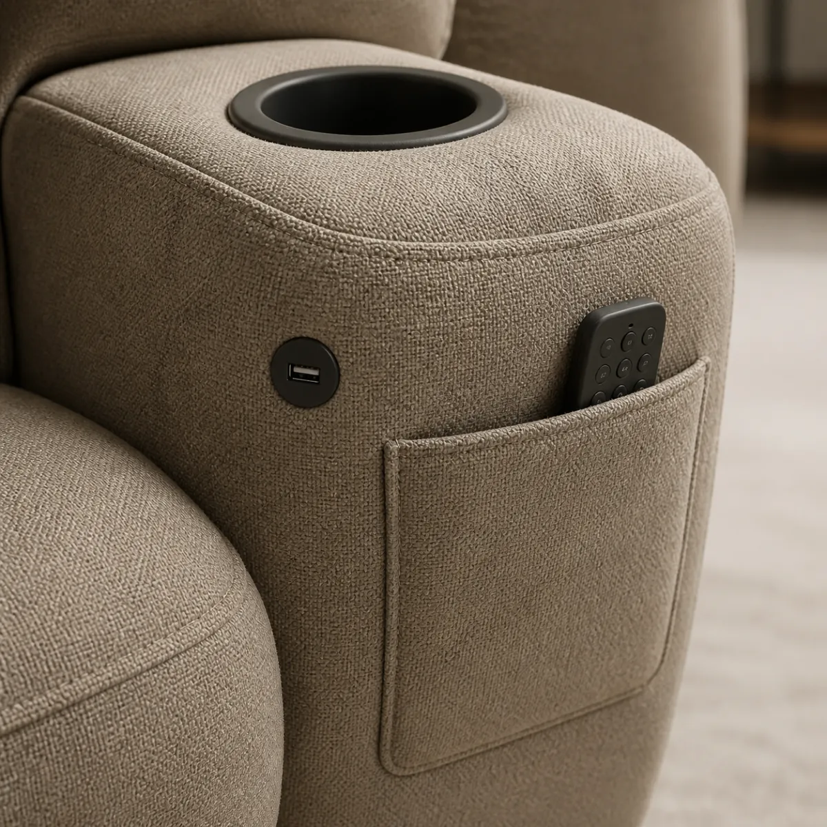 Recliner armrest close-up with built-in cup holder, USB port and side storage pocket