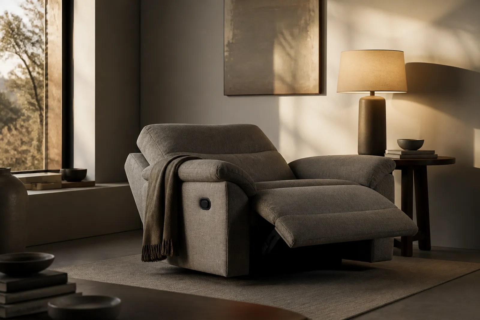 Oversized recliner reclined and ready in a finished living room at golden hour