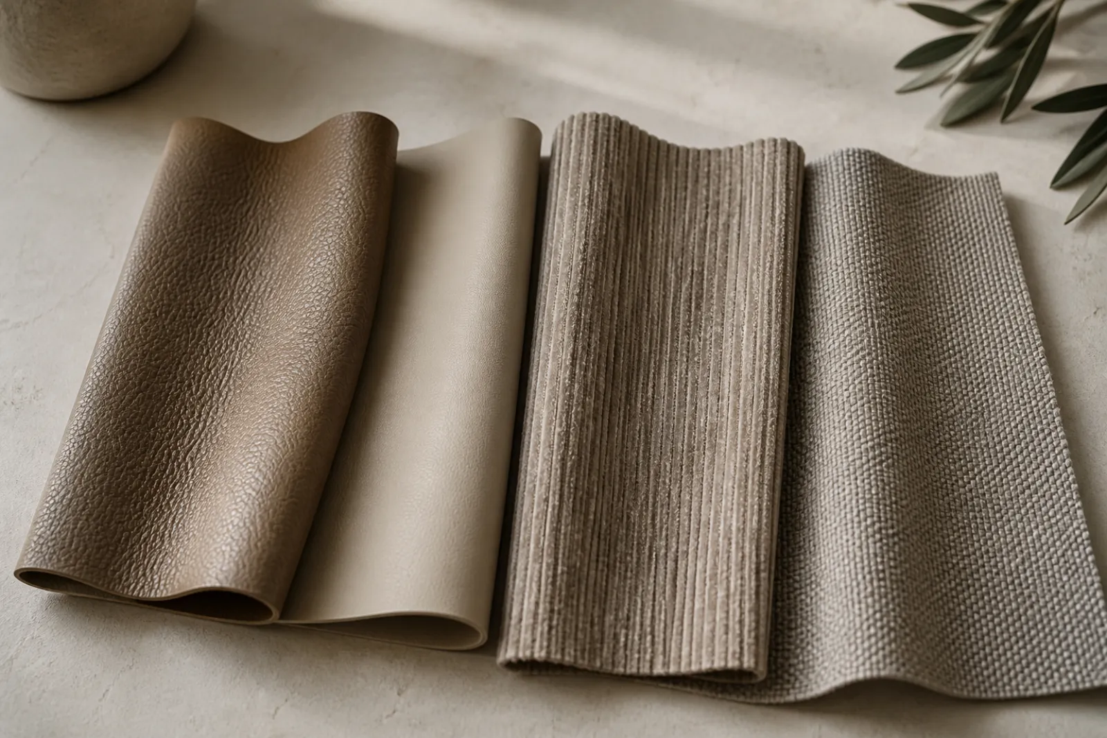 Upholstery swatches for oversized recliners: top-grain leather, faux leather, corduroy and performance fabric
