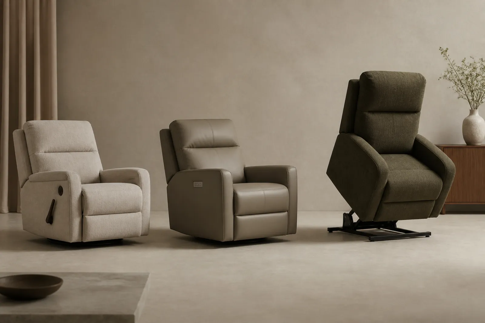 Comparison of manual, power and power lift recliner mechanisms side by side