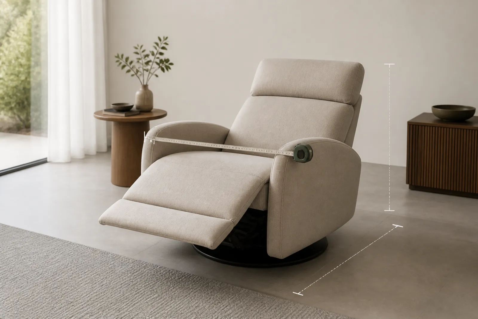 Measuring the seat width and reclined depth of an oversized recliner with a tape measure