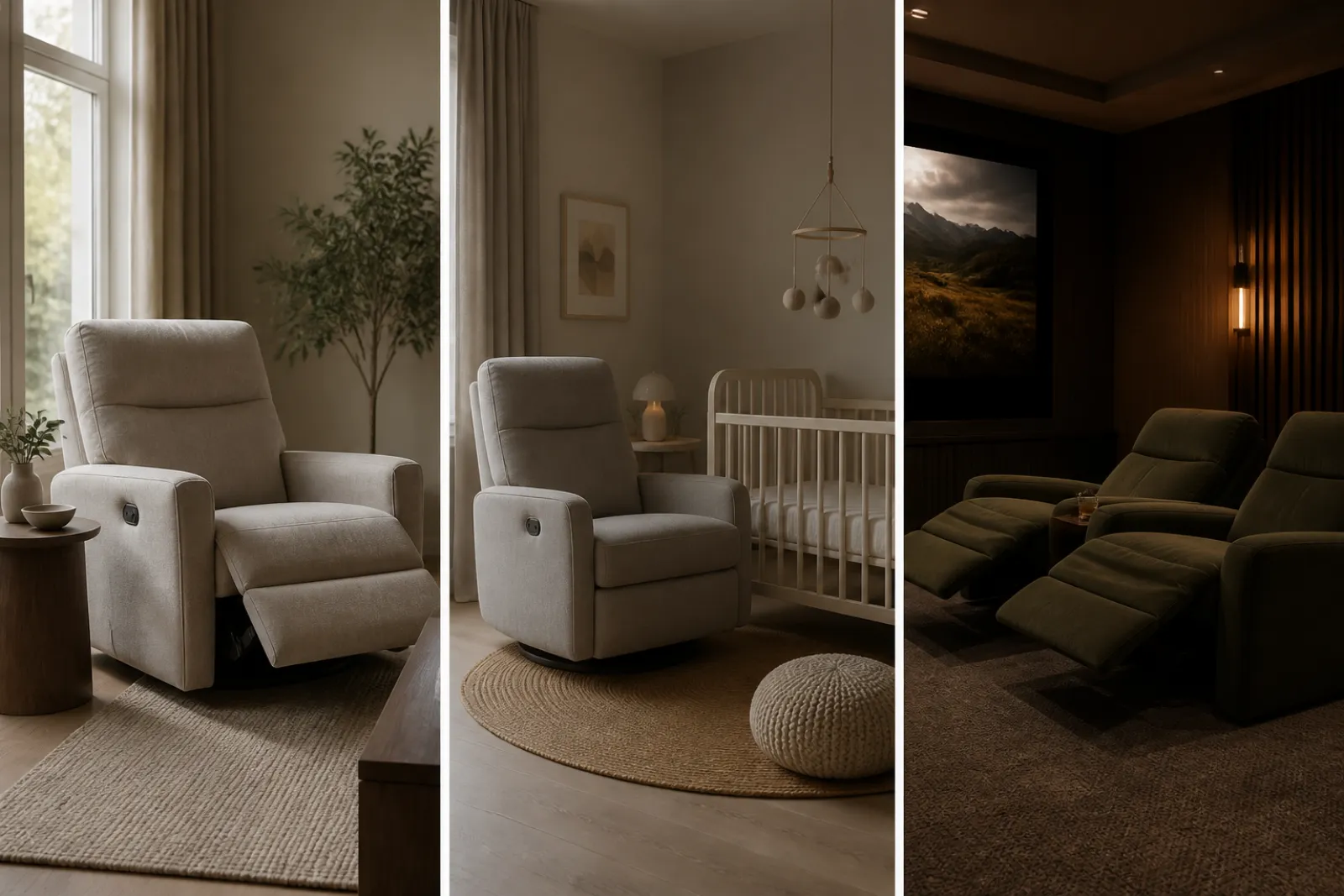 Oversized recliners in three settings: living room, nursery glider corner and home theater row