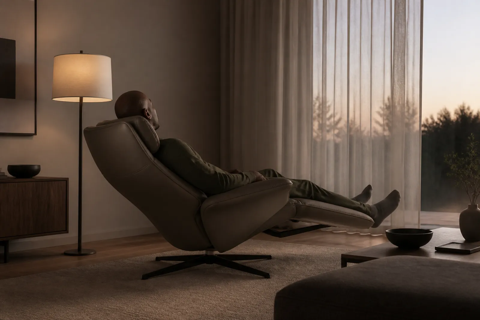 Tall adult relaxing fully back in an oversized reclining chair with feet supported on the footrest